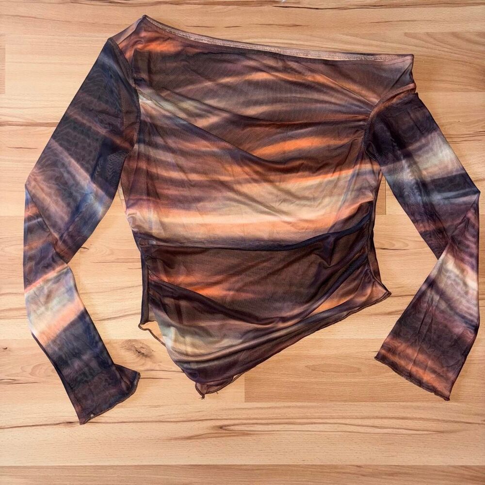 PrettyGarden NWT Brown and Orange Asymmetrical Mesh Long Sleeve Top size L